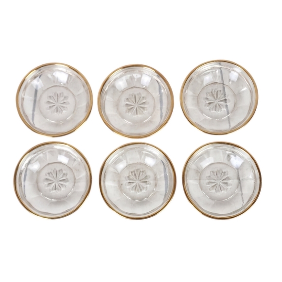 Art Deco Salt Barrel Salt Cellar Pressed Glass Star Motif Gold Rim Set of 6 - Picture 1 of 12